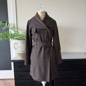 Elliana New York Chocolate Brown Wool Coat – Herringbone Belted Bubble S